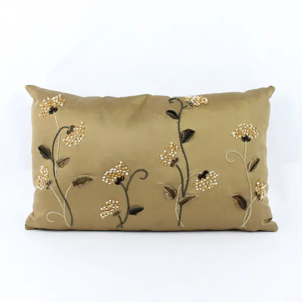 Floral Embroidered Gold-Brown Rectangle Accent Pillow 19"