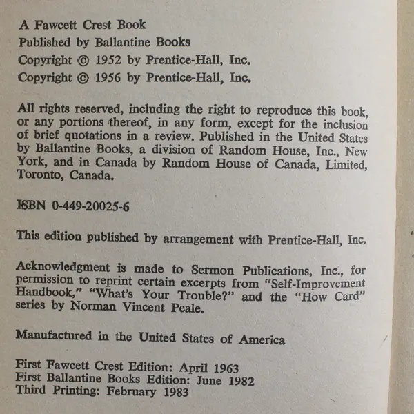 Vintage The Power of Positive Thinking Norman Vincent Peale 1983 Paperback