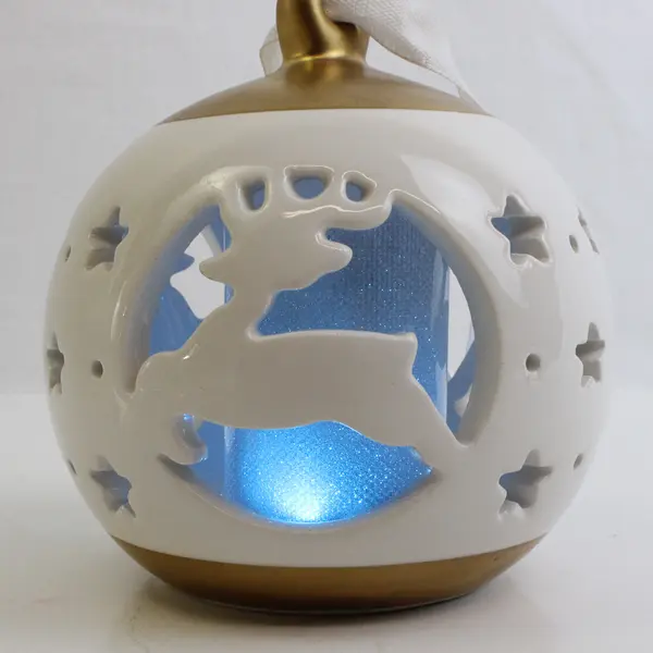 Ceramic Circular Christmas Hanging Ornament Reindeer Lights Up Battery Operated