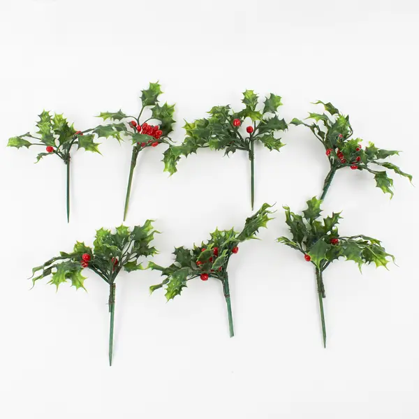 Set of 7 Artificial Holly Sprigs Red Berries Green Leaves Christmas Decorations
