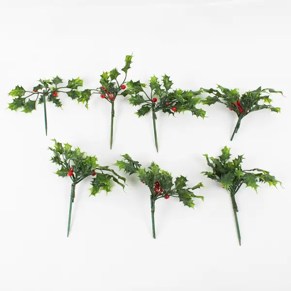 Set of 7 Artificial Holly Sprigs Red Berries Green Leaves Christmas Decorations