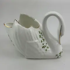Vintage 1980s Royal Tara Shamrock Trellis Porcelain Swan Planter White Gold Trim