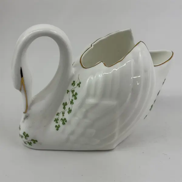 Vintage 1980s Royal Tara Shamrock Trellis Porcelain Swan Planter White Gold Trim