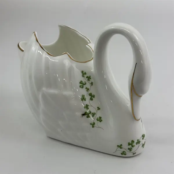 Vintage 1980s Royal Tara Shamrock Trellis Porcelain Swan Planter White Gold Trim
