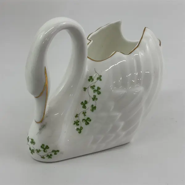 Vintage 1980s Royal Tara Shamrock Trellis Porcelain Swan Planter White Gold Trim