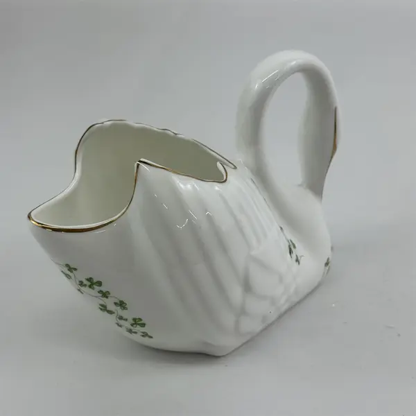 Vintage 1980s Royal Tara Shamrock Trellis Porcelain Swan Planter White Gold Trim