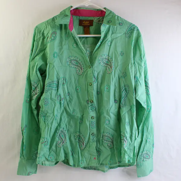 Aura by Wrangler Green & Pink Striped Paisley Pattern Button-Up Women's Large