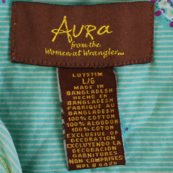Aura by Wrangler Green & Pink Striped Paisley Pattern Button-Up Women's Large