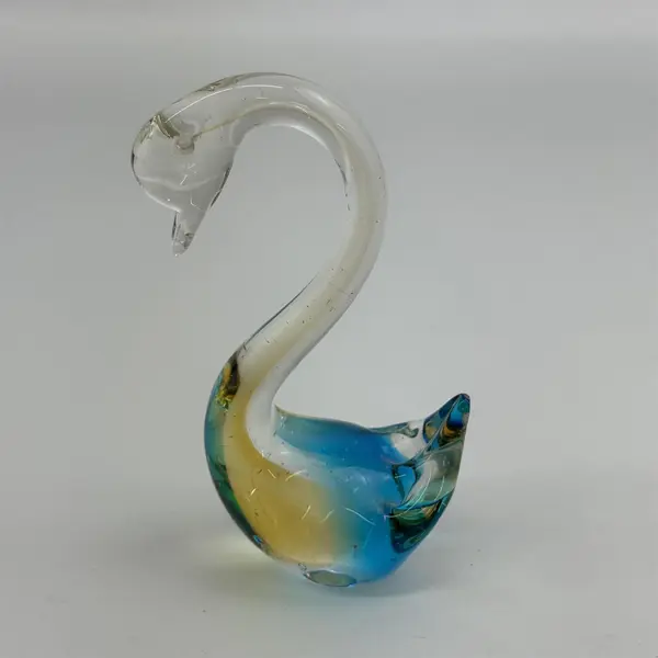 Blue And Gold Hand Blown Art Glass Paperweight Swan 5.5” Tall