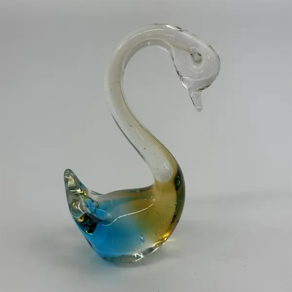 Blue And Gold Hand Blown Art Glass Paperweight Swan 5.5” Tall