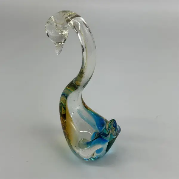 Blue And Gold Hand Blown Art Glass Paperweight Swan 5.5” Tall