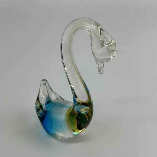 Blue And Gold Hand Blown Art Glass Paperweight Swan 5.5” Tall