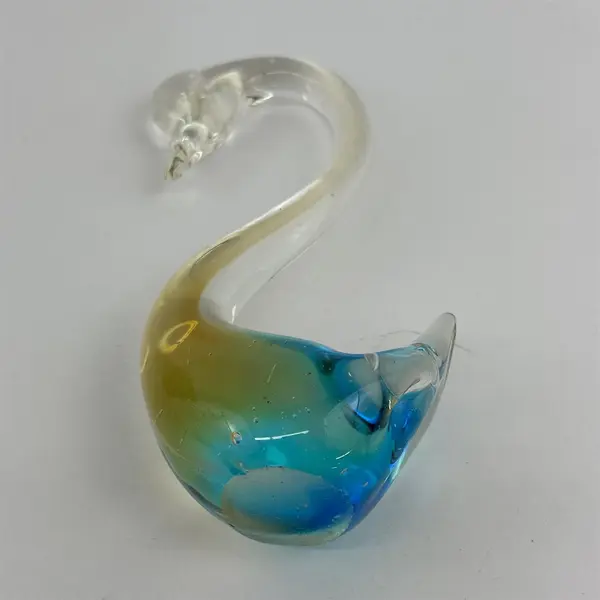 Blue And Gold Hand Blown Art Glass Paperweight Swan 5.5” Tall