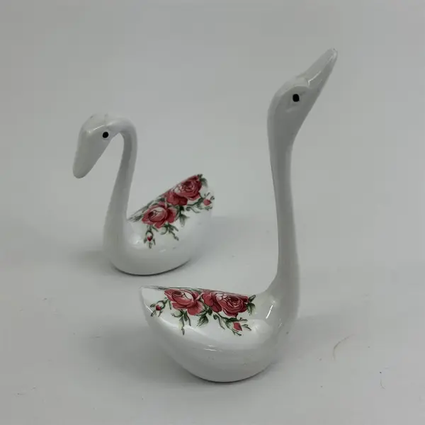  Pair of Vintage Brass Weighted Ceramic Swan Figurines With Hand Painted Flowers