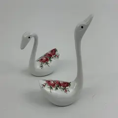  Pair of Vintage Brass Weighted Ceramic Swan Figurines With Hand Painted Flowers