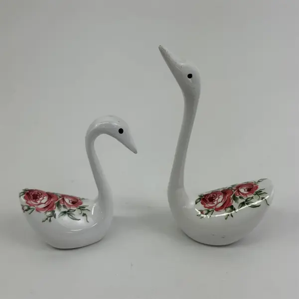  Pair of Vintage Brass Weighted Ceramic Swan Figurines With Hand Painted Flowers