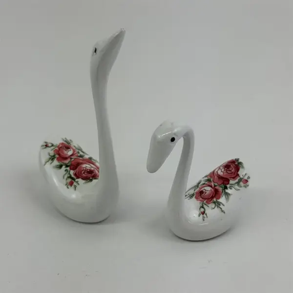  Pair of Vintage Brass Weighted Ceramic Swan Figurines With Hand Painted Flowers