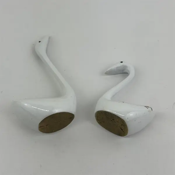 Pair of Vintage Brass Weighted Ceramic Swan Figurines With Hand Painted Flowers
