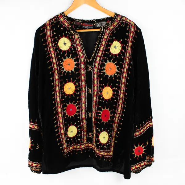 VTG Rajkumari Embroidered Black Velvet Long-Sleeve Boho Top Women's Size 15-16