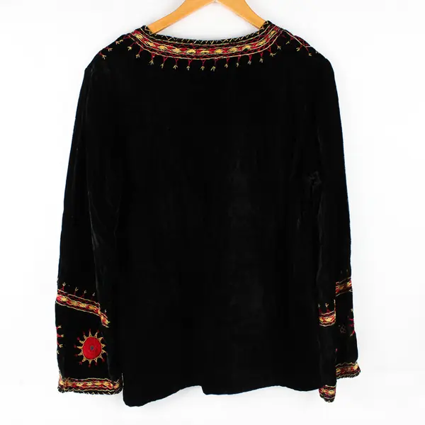 VTG Rajkumari Embroidered Black Velvet Long-Sleeve Boho Top Women's Size 15-16