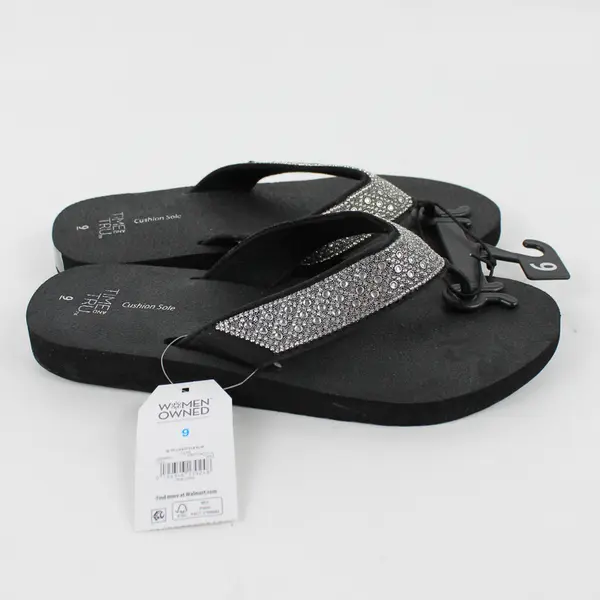 Time And Tru Solid Black Embellished Wedge Flip Flops Women's Size 9 New
