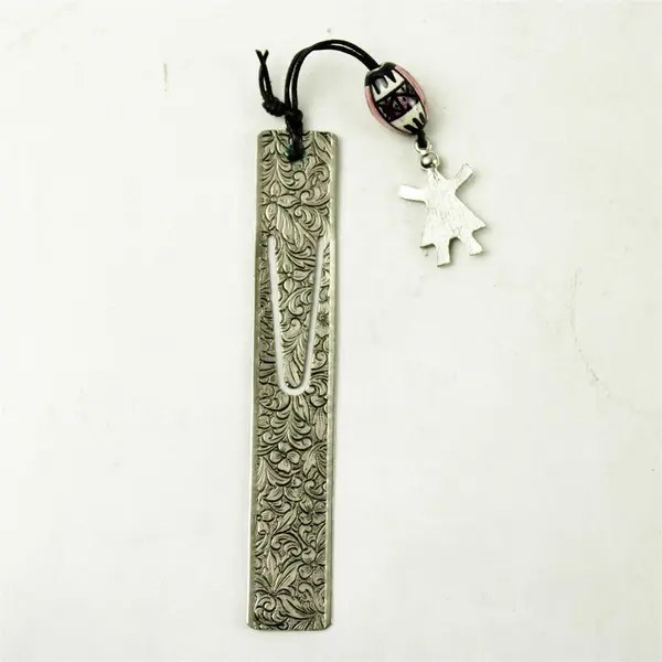 Pewter Victorian Scroll Bookmark w/ Beaded Charm Vintage
