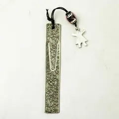 Pewter Victorian Scroll Bookmark w/ Beaded Charm Vintage