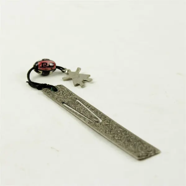 Pewter Victorian Scroll Bookmark w/ Beaded Charm Vintage