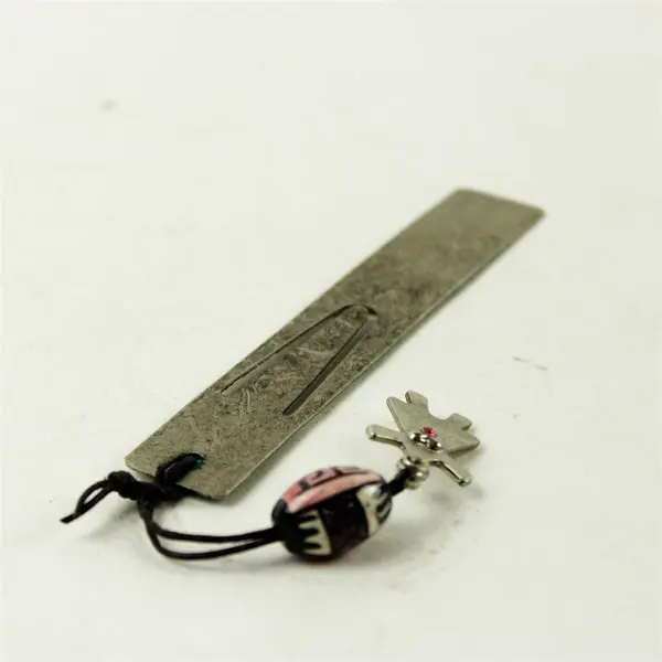 Pewter Victorian Scroll Bookmark w/ Beaded Charm Vintage