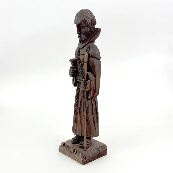 Hand Carved Wood Monk with A Staff Figurine 13.5"