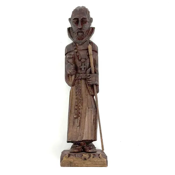 Hand Carved Wood Monk with A Staff Figurine 13.5"