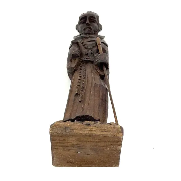 Hand Carved Wood Monk with A Staff Figurine 13.5"