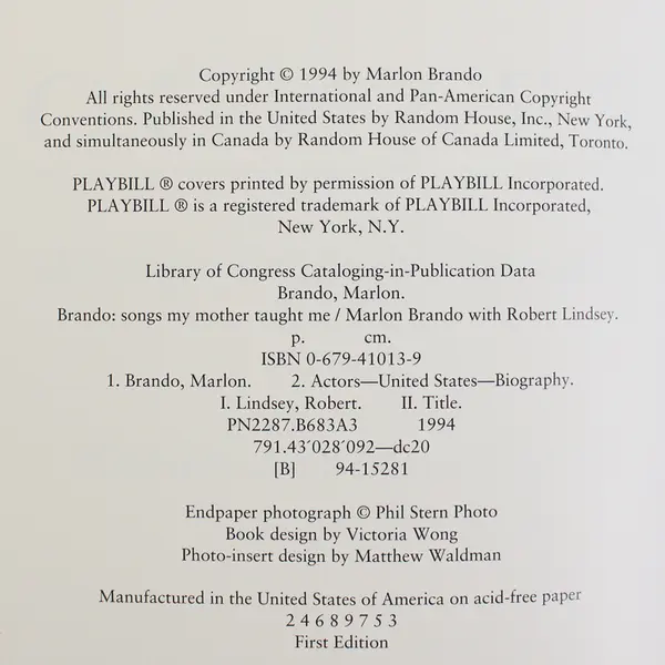 Brando: Songs My Mother Taught Me HC/DJ 1st Ed. Book, 1994