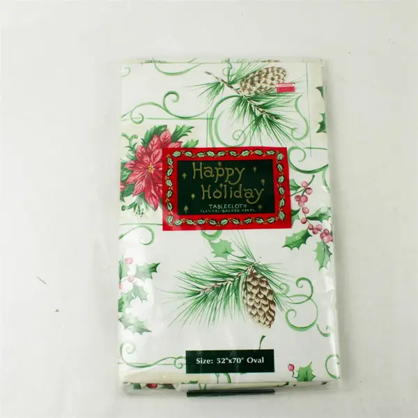 Happy Holiday Oval Tablecloth 52x70 Flannel Backed Vinyl New Sealed