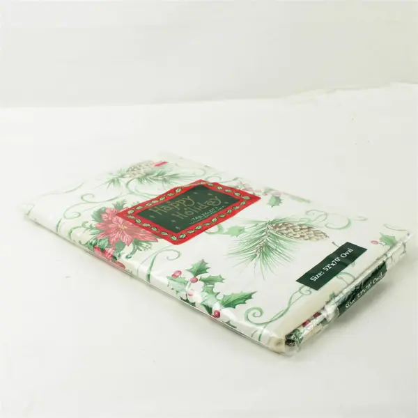 Happy Holiday Oval Tablecloth 52x70 Flannel Backed Vinyl New Sealed