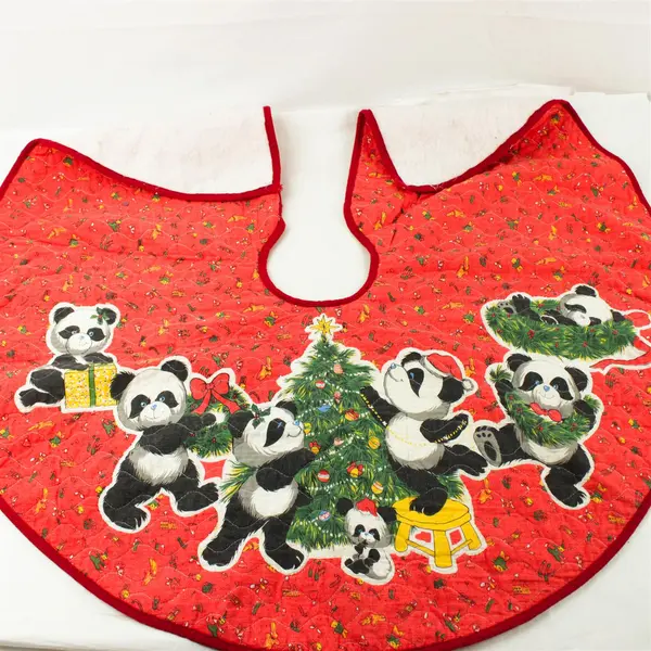 Vintage Panda Bear Family Quilted Red Christmas Tree Skirt 34"