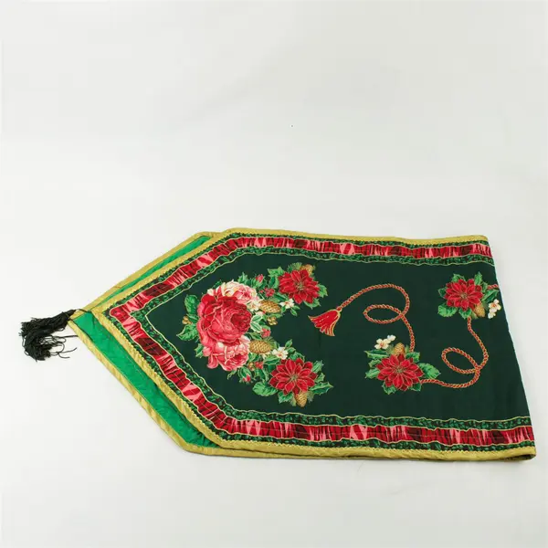 Christmas Table Runner Green with Gold Trim 54x16 Inches Holiday