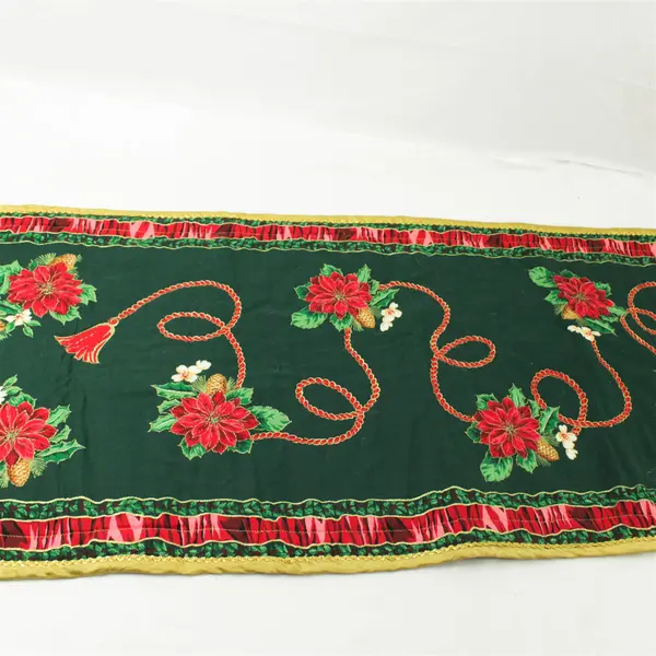 Christmas Table Runner Green with Gold Trim 54x16 Inches Holiday
