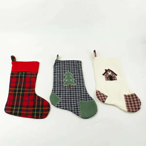 Lot of 3 Plaid Christmas Stockings Holiday Mantel Decor
