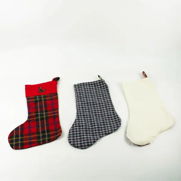 Lot of 3 Plaid Christmas Stockings Holiday Mantel Decor