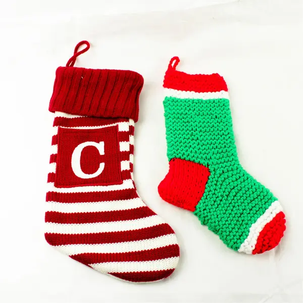 Lot of 2 Knitted-Look Holiday Stockings Red/Green & Red/White 8.5in