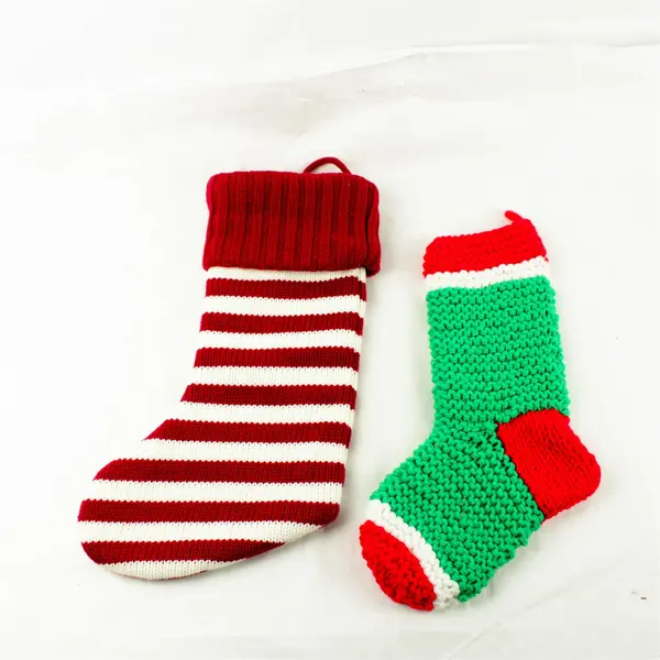 Lot of 2 Knitted-Look Holiday Stockings Red/Green & Red/White 8.5in