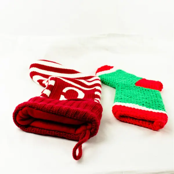 Lot of 2 Knitted-Look Holiday Stockings Red/Green & Red/White 8.5in