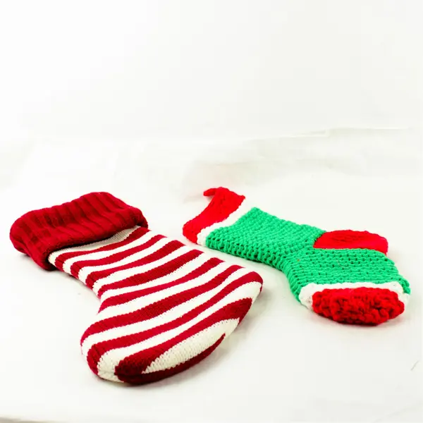 Lot of 2 Knitted-Look Holiday Stockings Red/Green & Red/White 8.5in