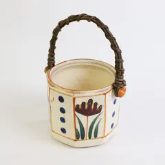 Vintage Primitive Folk Art Style Pottery Bucket Planter Pot Wicker Handle