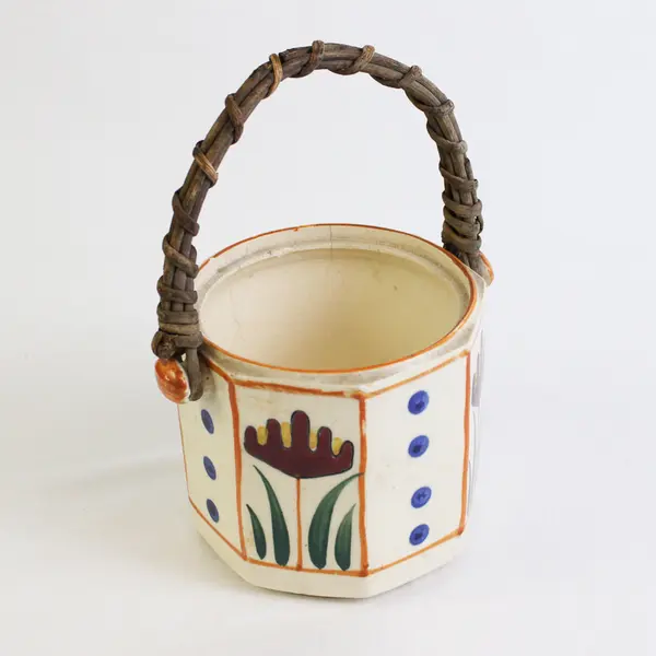 Vintage Primitive Folk Art Style Pottery Bucket Planter Pot Wicker Handle
