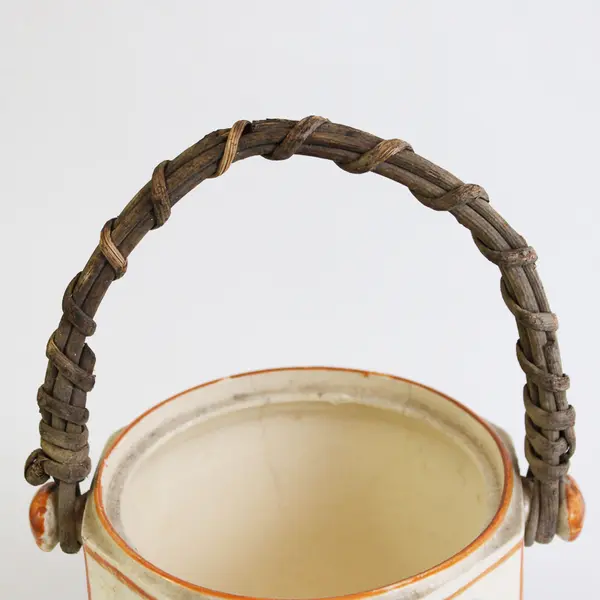 Vintage Primitive Folk Art Style Pottery Bucket Planter Pot Wicker Handle