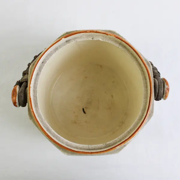 Vintage Primitive Folk Art Style Pottery Bucket Planter Pot Wicker Handle