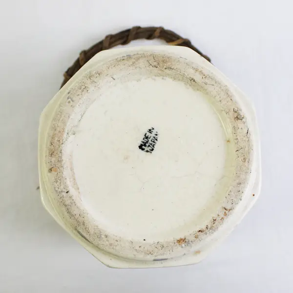 Vintage Primitive Folk Art Style Pottery Bucket Planter Pot Wicker Handle