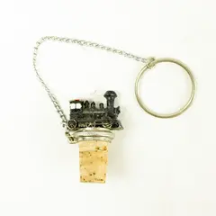 Vintage Train Cork Wine Bottle Stopper Enameled Metal w/ Chain & Ring
